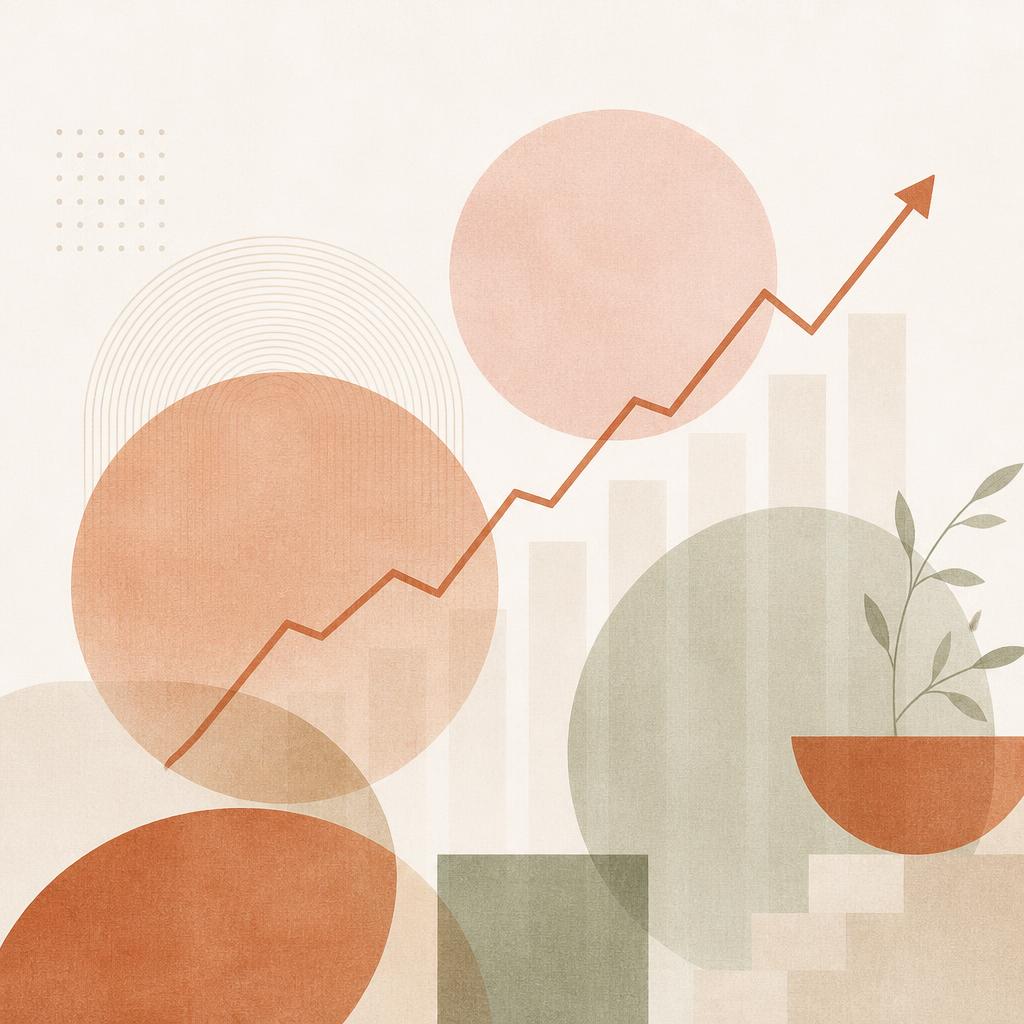 Abstract illustration of a rising market chart in terracotta and sage tones